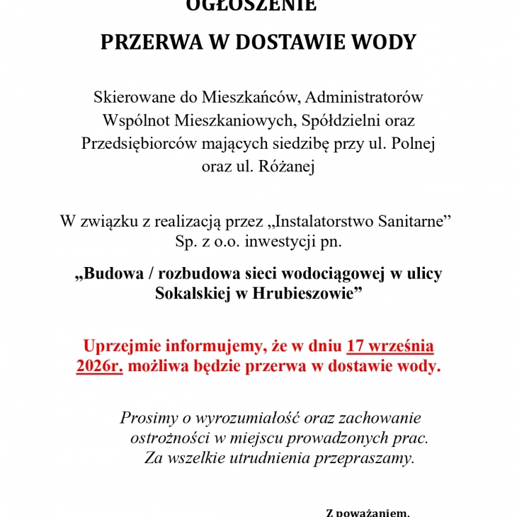 Przerwa w dostawie wody