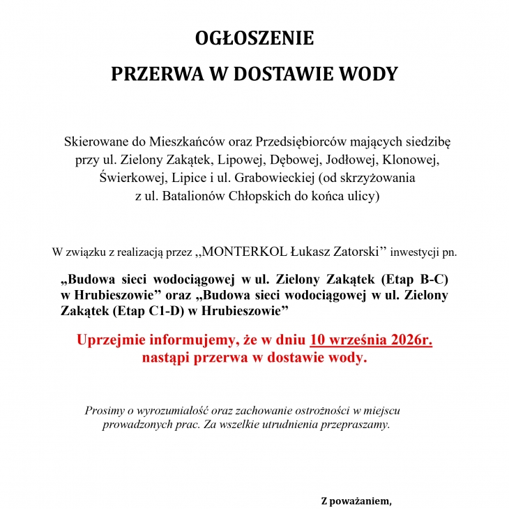 Ogłoszenie - przerwa w dostawie wody